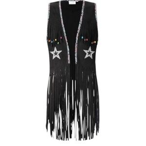 PixieMaine Women Tassel Sleeveless Rhinestone Faux Suede Cowgirl Vest Small